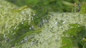 艾草葉放入煮沸的水中，加點食用堿，待變成深綠色時撈出，放入冰水中，瀝干備用。